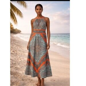 London Times  Paisley Halter Maxi Dress‎ Womens Sz 14Orange Turquoise Excellent
